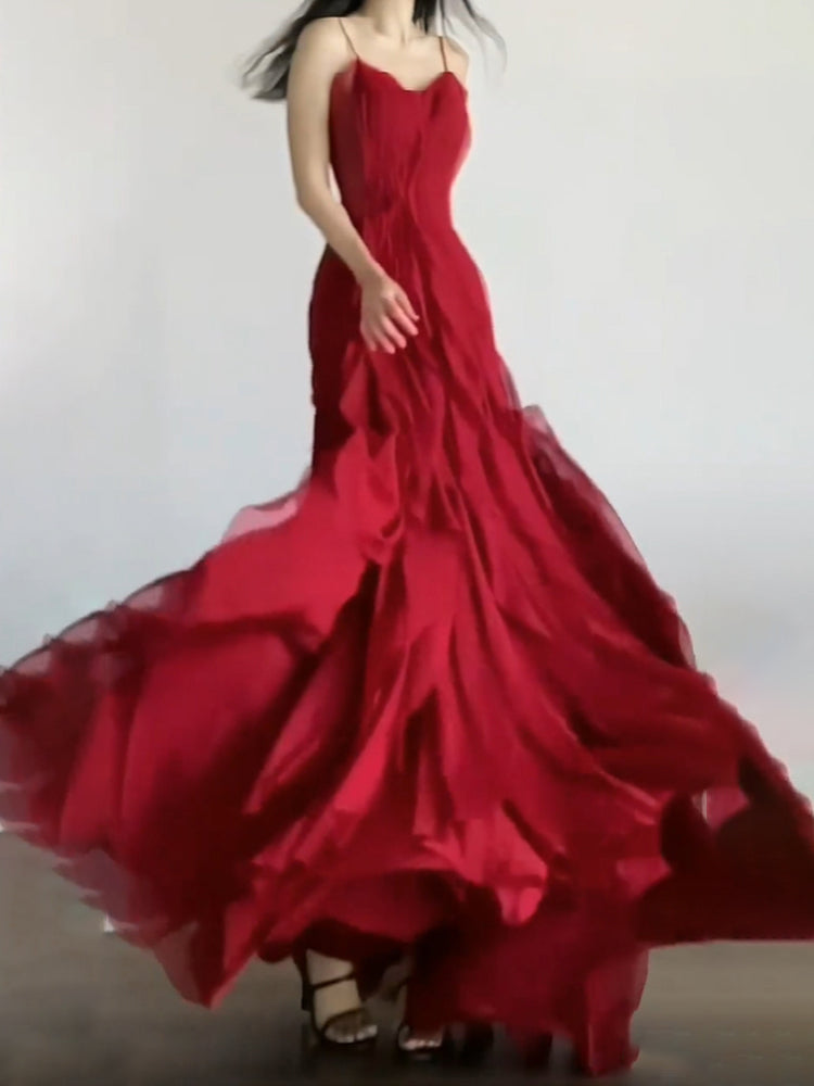 Sexy Mermaid Spaghetti Straps Red Chiffon Ruffles Birthday Dresses Long Prom Dress - View 6 | FashionDia