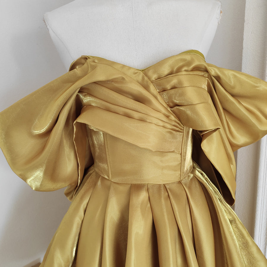 Sexy A-Line Off-the-Shoulder Yellow Satin Travel Vacation Dresses Short Birthday Dress - View 5 | FashionDia