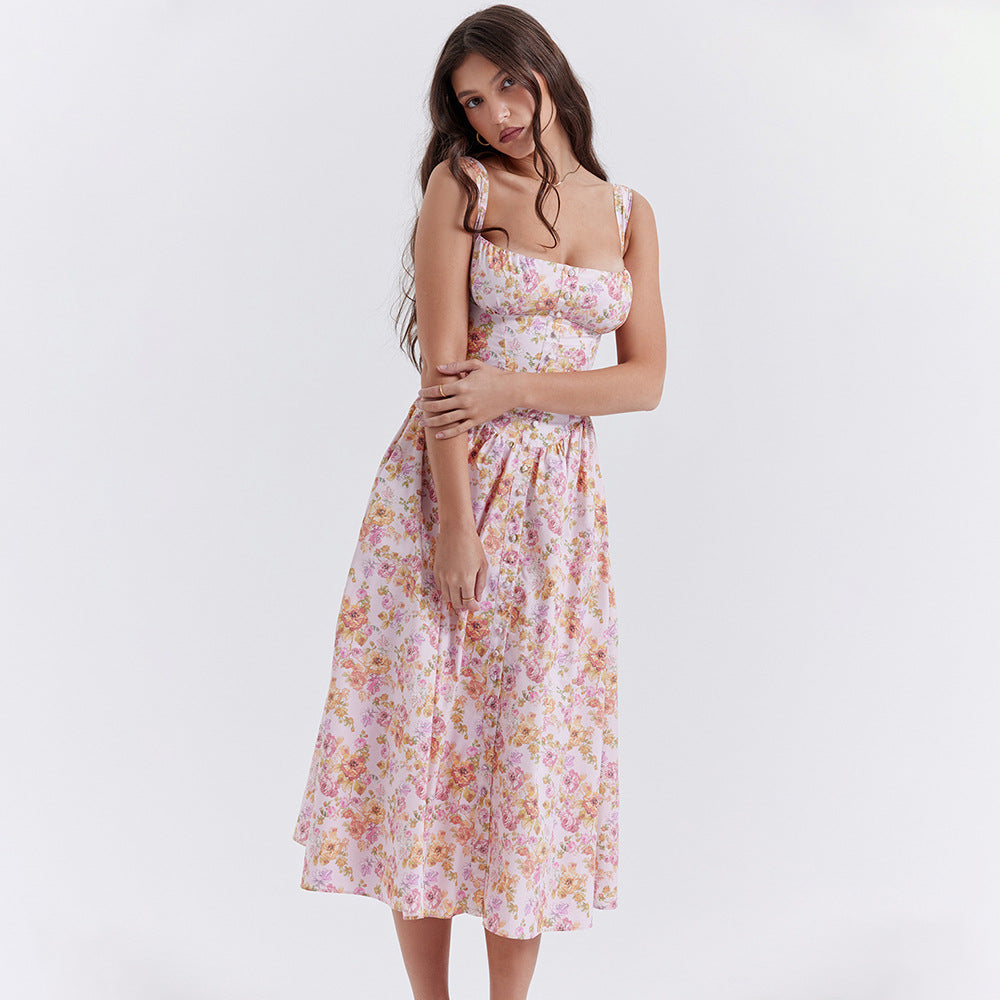Dress Square Collar Cami Dress Slim Fit Backless Sweet Spicy Wind Floral Dress