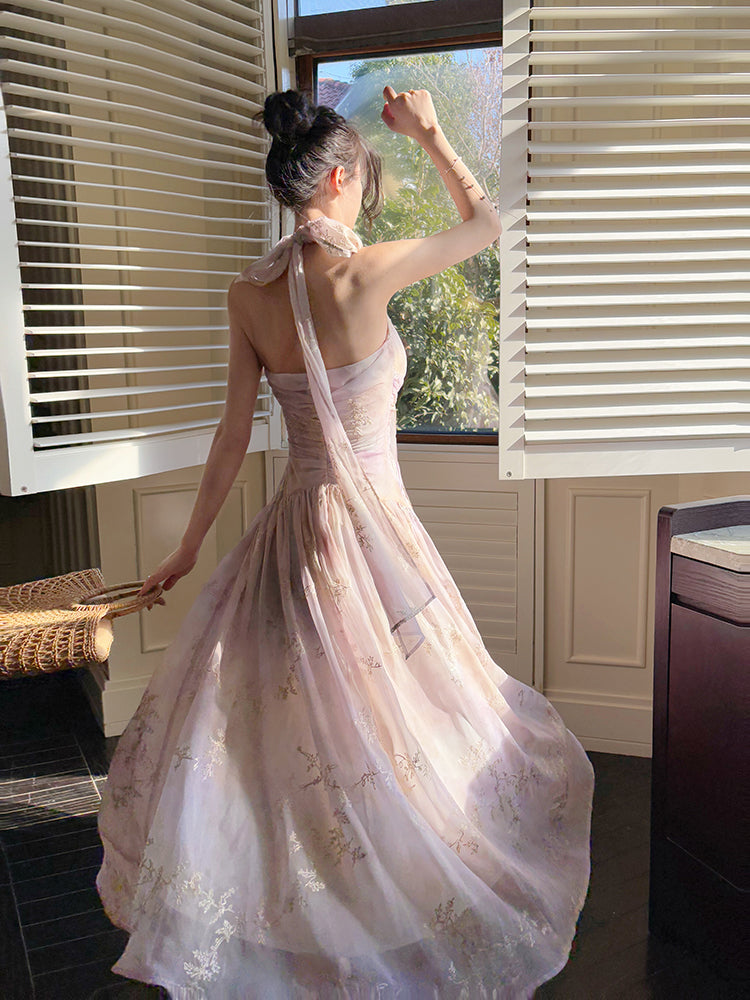 French-Style EmbroideredLong Dress Halter Neck Floral Maxi Dress L79
