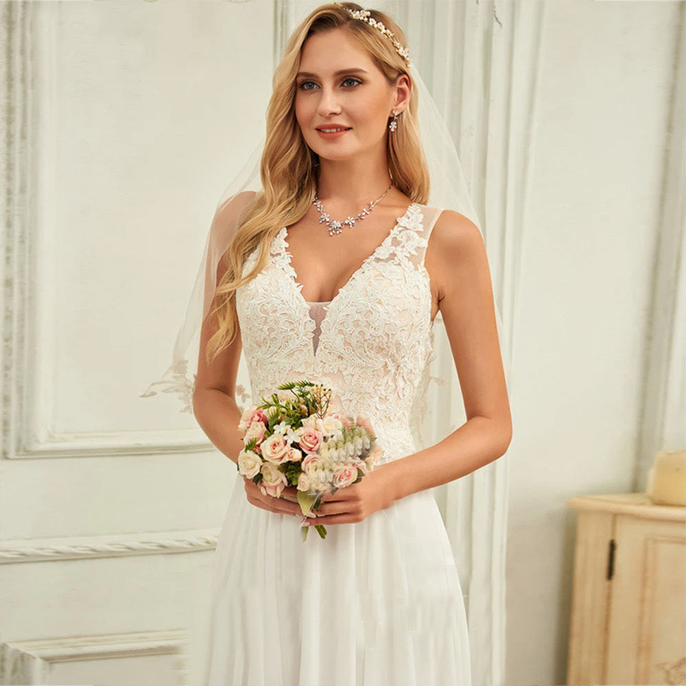 Double Strap Deep V-Neck Lace Wedding Dress - Fashionpara
