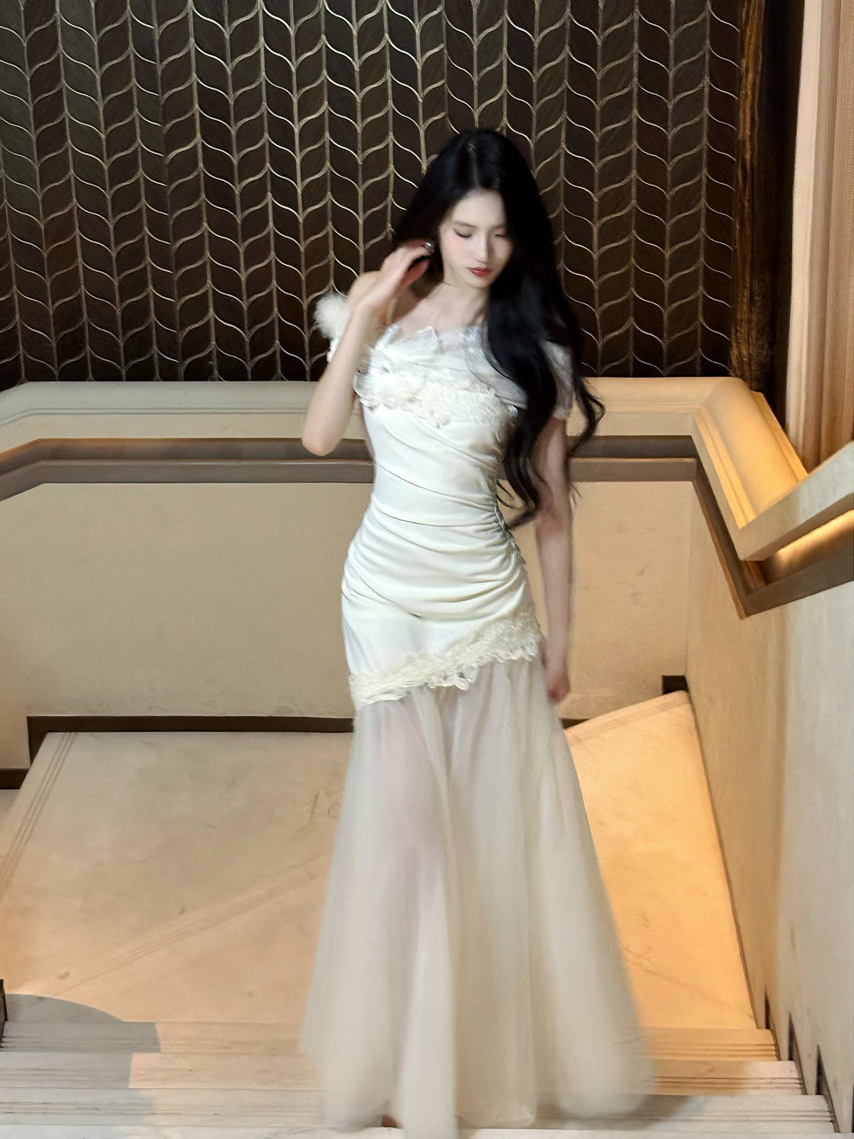Lace Off-the-Shoulder Dress Mermaid Long Formal Dress L77
