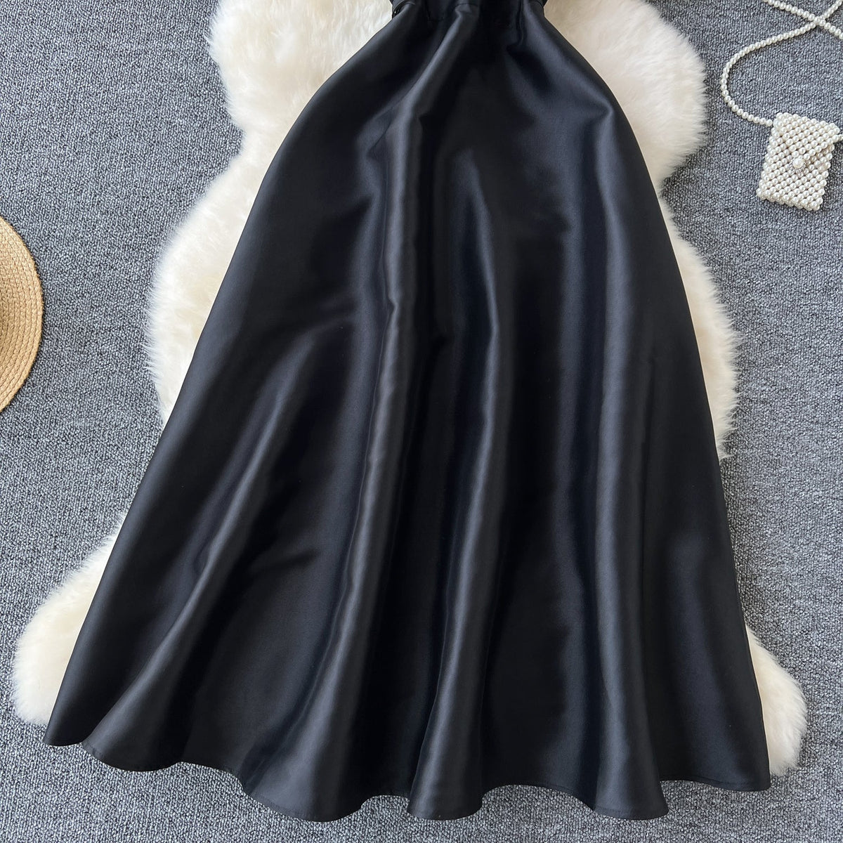 Simple A-Line Straps Black Satin Holiday Dresses Midi Length Women's Dress - View 2 | FashionDia
