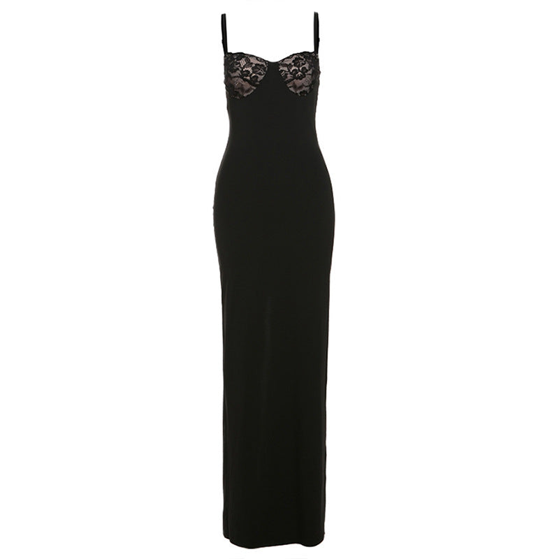 Women Clothing Spring Summer French Lace Splicing Sling Maxi Dress Attractive Slim Dress Women