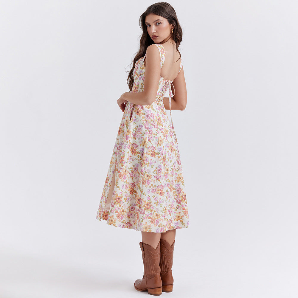 Boning Corset Cami Dress Slim Fit Backless Slit Midi Floral Dress Dopamine Wear Matching