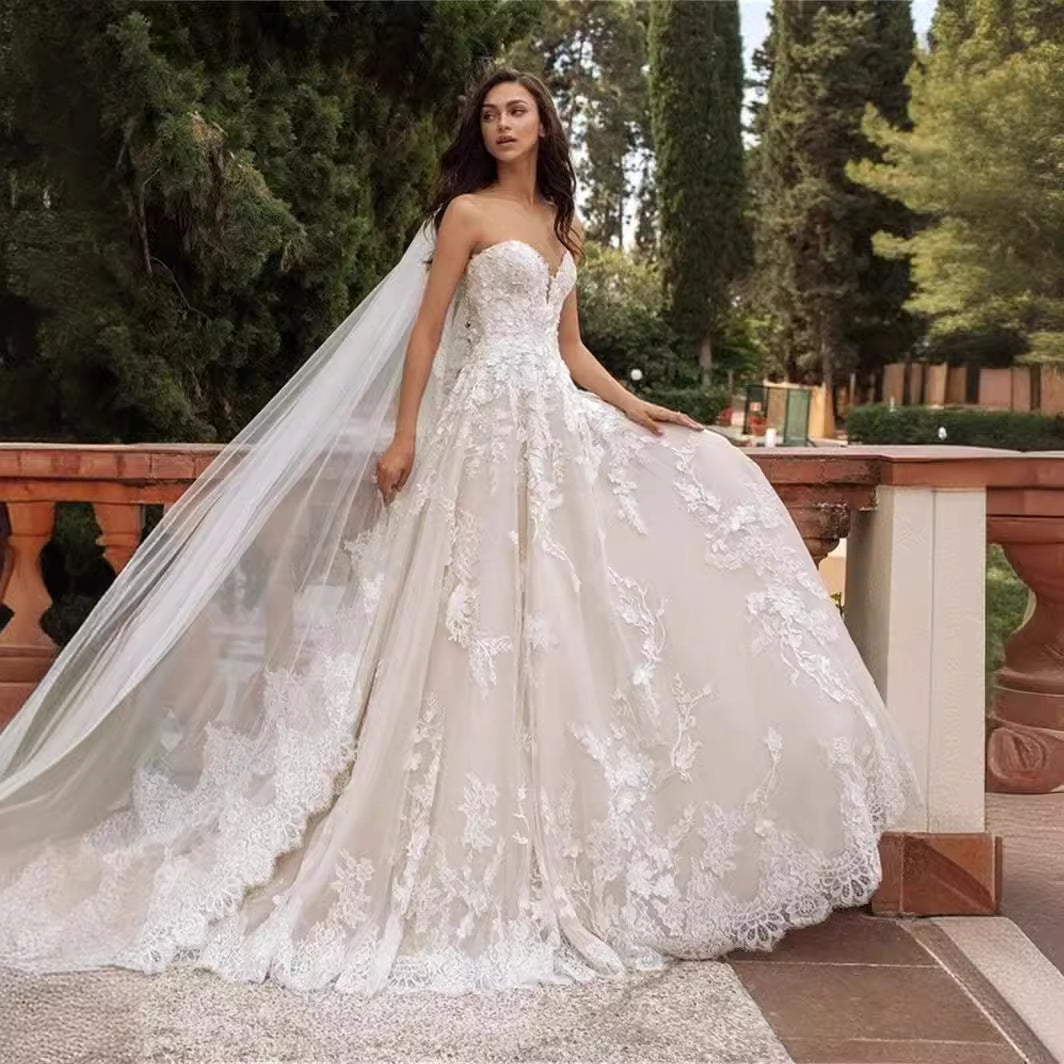 Strapless Lace Ball Gown Wedding Dress - Fashionpara