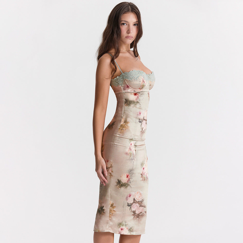 Lace Cami Dress Backless Sheath High Waist Midi Dress Printed Dress for