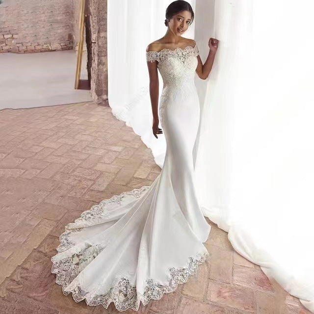 Off-Shoulder Satin Lace Mermaid Wedding Dress - Fashionpara