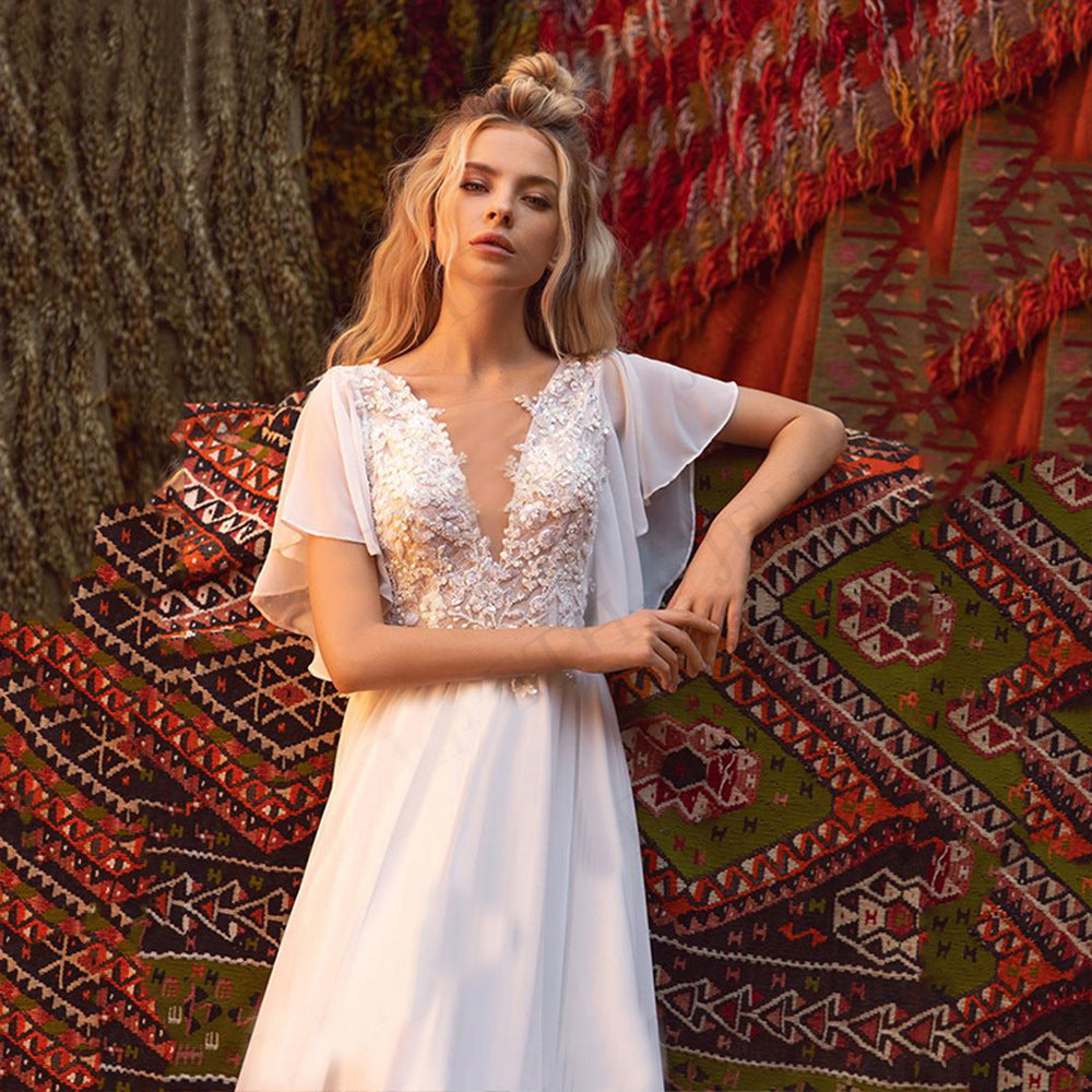 Short Sleeve Deep V-Neck Sheer Wedding Dress - Fashionpara