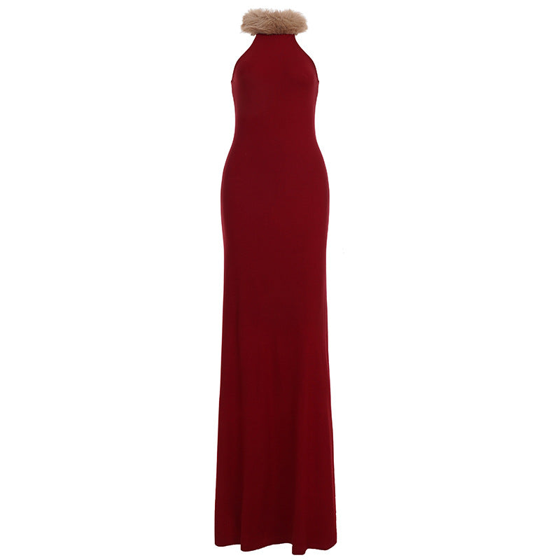 Retro Christmas Red Fur Stitching Contrast Color Vest Maxi Dress Refined Slim Mop Evening Dress Annual Party Dress