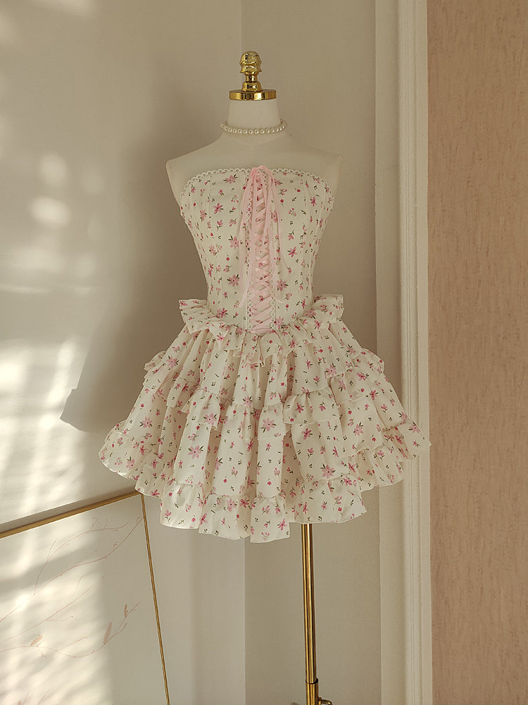 Sexy A line Strapless Floral Holiday Dress Travel Vacation Dresses Short Chiffon Birthday Dress