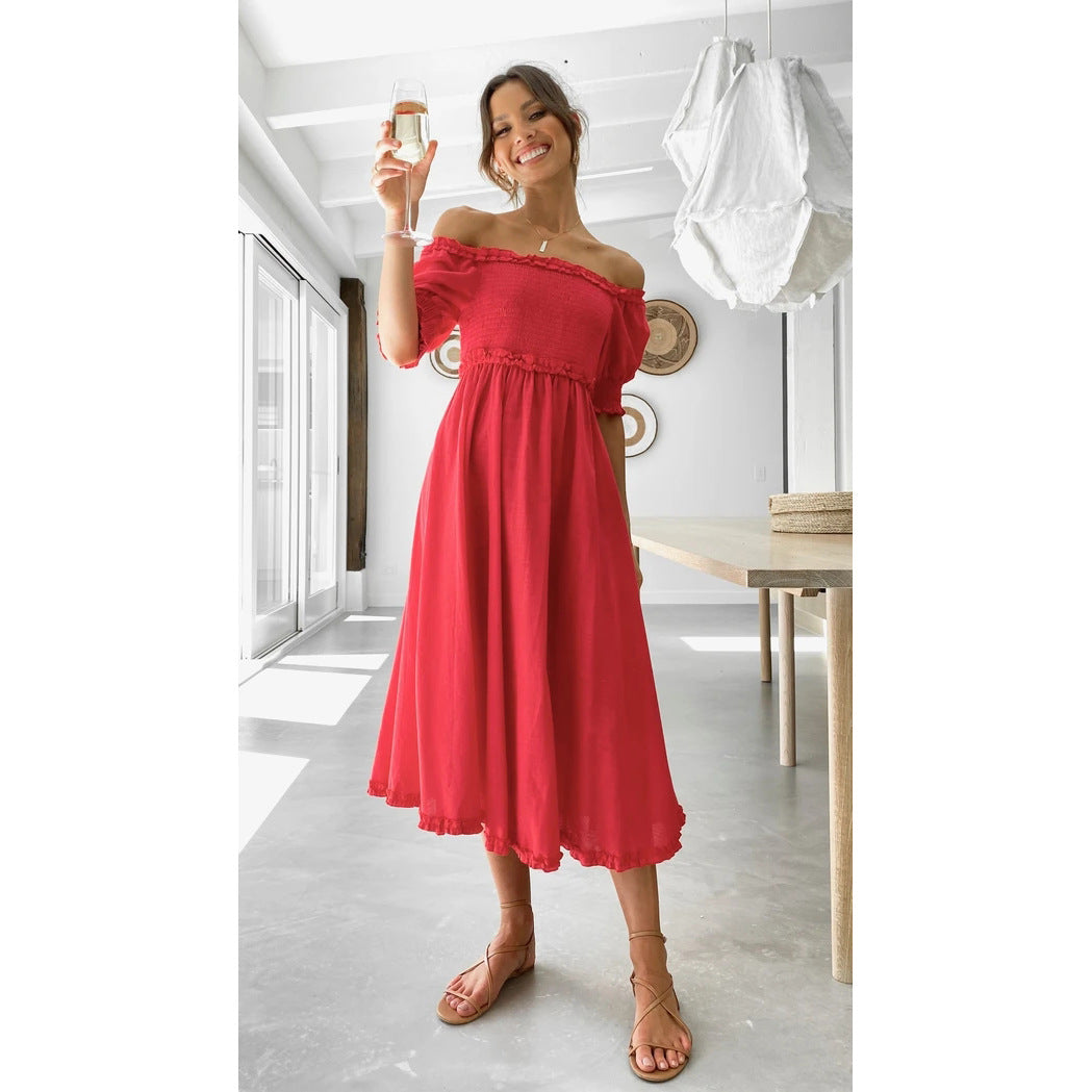 Lace Fresh Sweet Solid Color Mid - Length Dress
