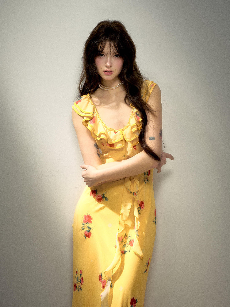 Yellow Ruffled Suspender Floral Mermaid Maxi Dress L68