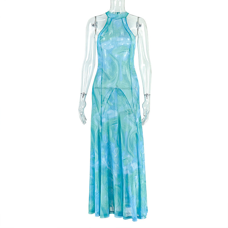 Refined Women Clothing Office Printed Street A line Dress round Neck Pleated Sleeveless Maxi Dress