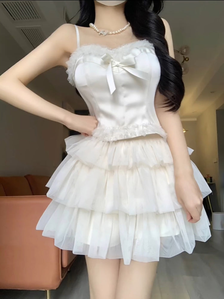 Chic 2 Pieces White Top and Bottom Skirt Tulle Party Dress Birthday Dresses Birthday Outfits