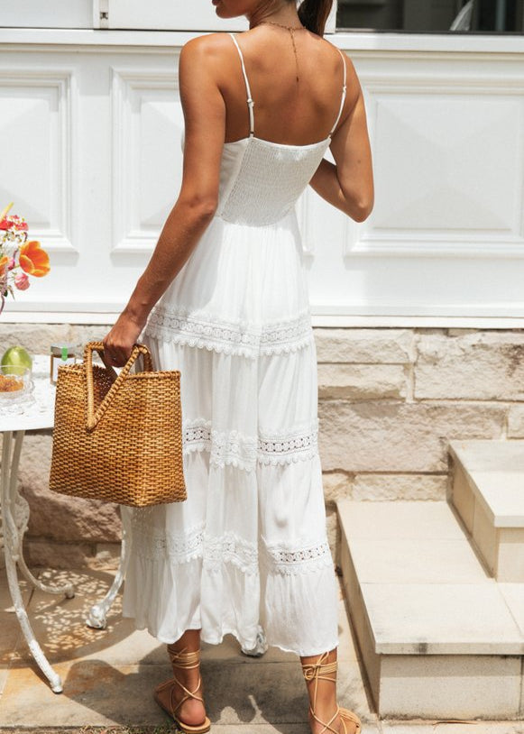Aurelia Lace Trim Maxi Dress White Smocked Sundress with Adjustable Straps