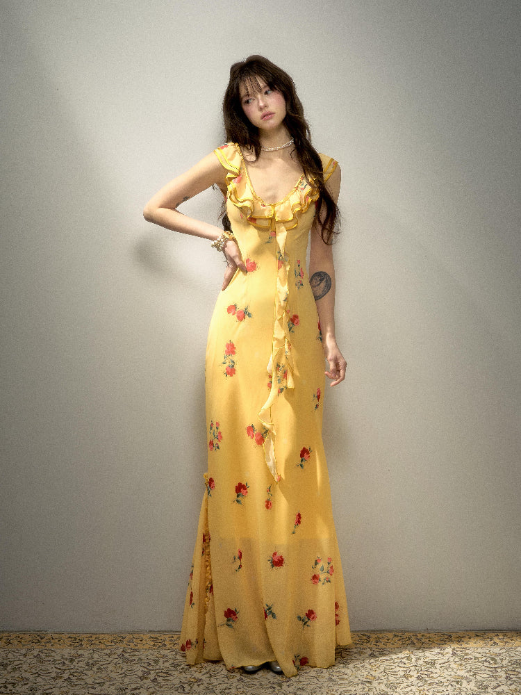 Yellow Ruffled Suspender Floral Mermaid Maxi Dress L68