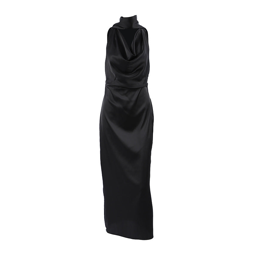 Design Black Thin Soft Matte Satin Swing Collar off Shoulder Elegant Dress Self Tie