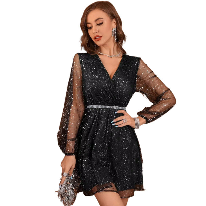 Mónica Boutique Women's Evening Dress with Sparkling Glitter Effect and Semi Transparent Sleeves Chic Silhouette Collection