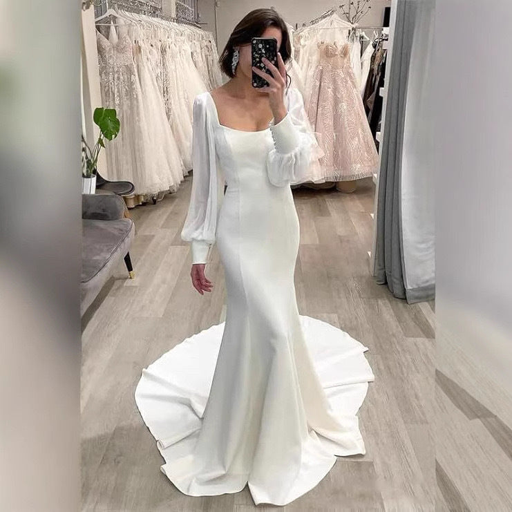 Satin Mermaid Outdoor Bridal Wedding Dress - Fashionpara