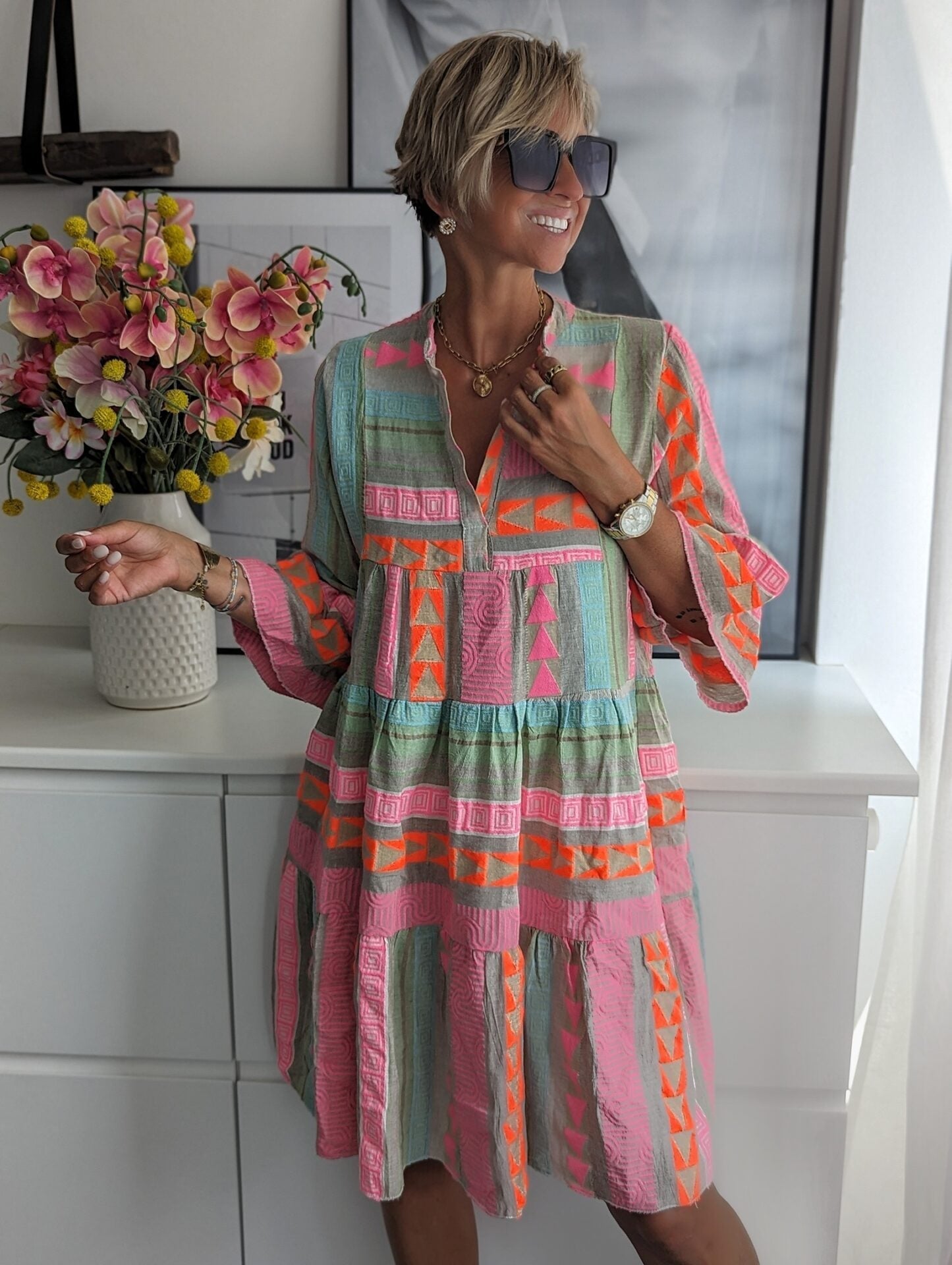 Hannah Effortless Bohemian Dress with Ethnic Print Premium Wardrobe Essential