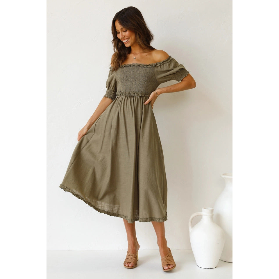 Lace Fresh Sweet Solid Color Mid - Length Dress