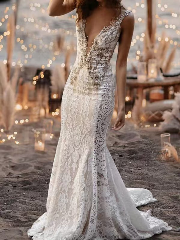 Lace V-Neck Mermaid Wedding Dress - Fashionpara