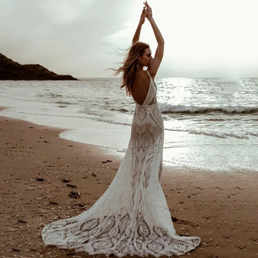 Deep V-Neck Lace Mermaid Wedding Dress - Fashionpara