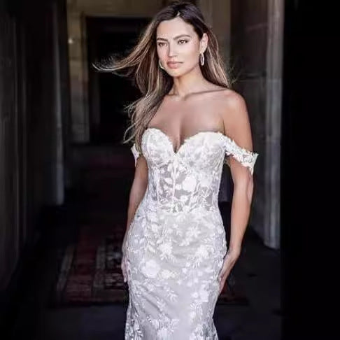 Off-Shoulder Lace Mermaid Bridal Wedding Dress - Fashionpara