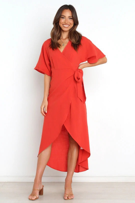 Santos Ruffle Wrap Midi Dress Rust