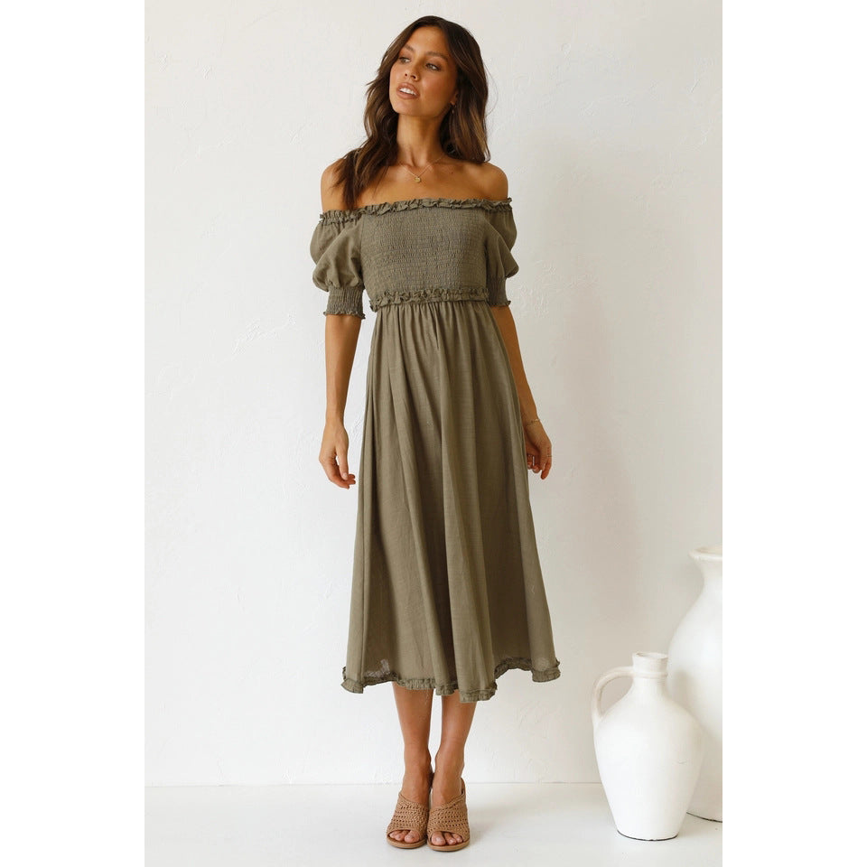 Lace Fresh Sweet Solid Color Mid - Length Dress
