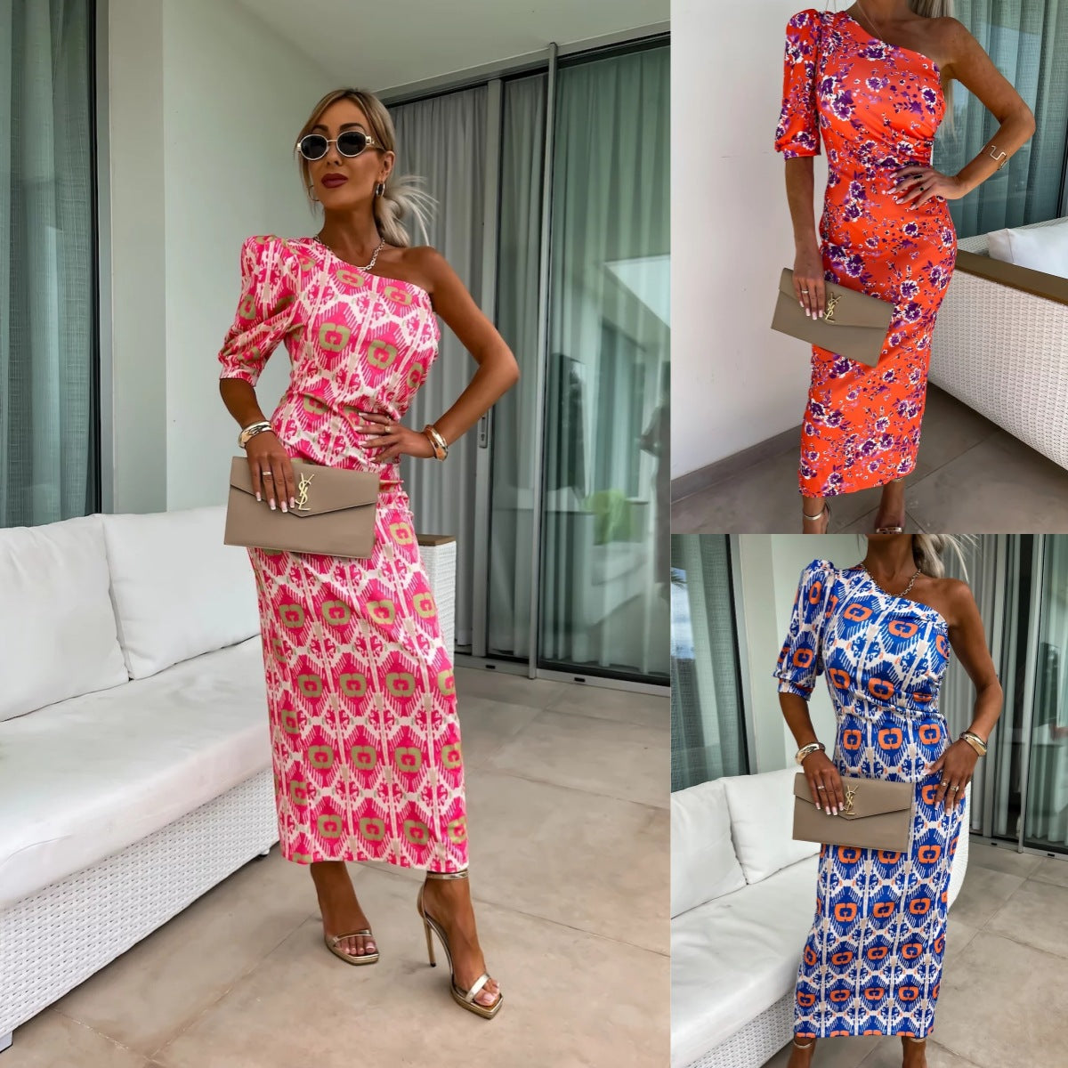 Yesica Minimalist Women's Asymmetric Maxi Dress with Puff Sleeves and Eye Catching Pattern Everyday Luxe Edit