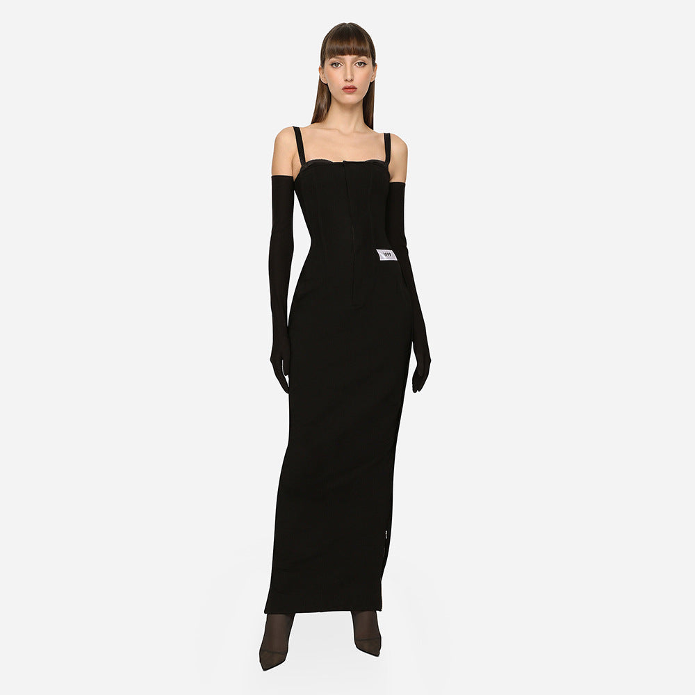 Black Strap Long Zipper Dress Gloves Dress