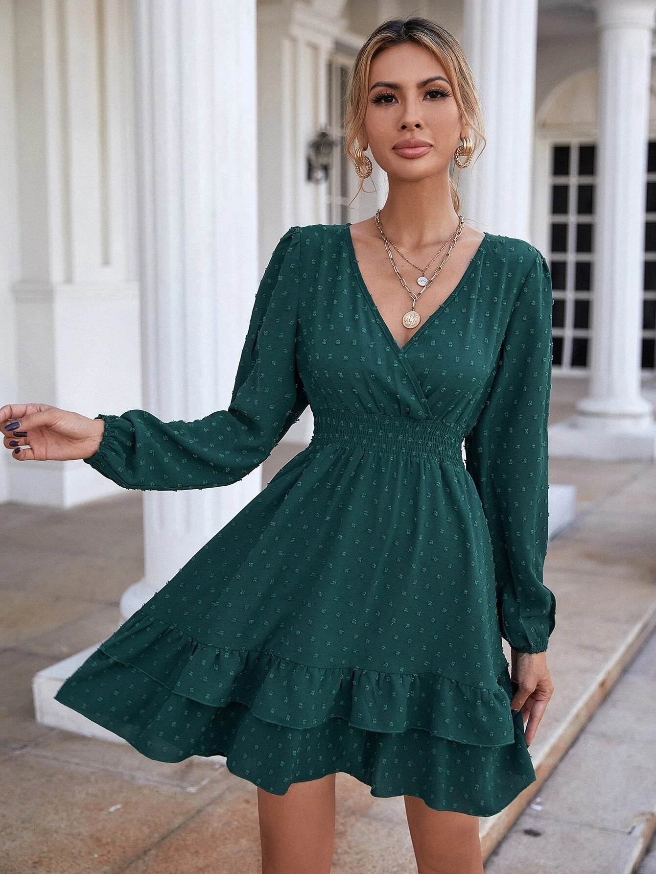 Samar Satin Embossed Cowl Neck Dress Hunter Green
