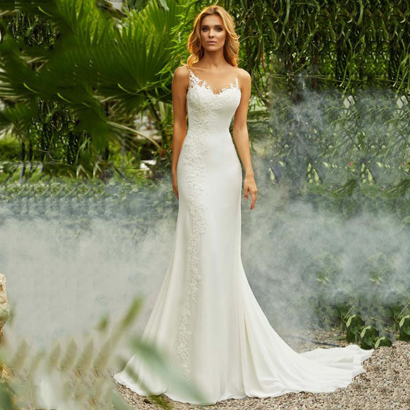 Round Neck Lace Mermaid Bridal Wedding Dress - Fashionpara