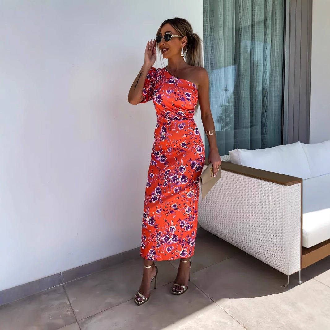 Yesica Minimalist Women's Asymmetric Maxi Dress with Puff Sleeves and Eye Catching Pattern Everyday Luxe Edit