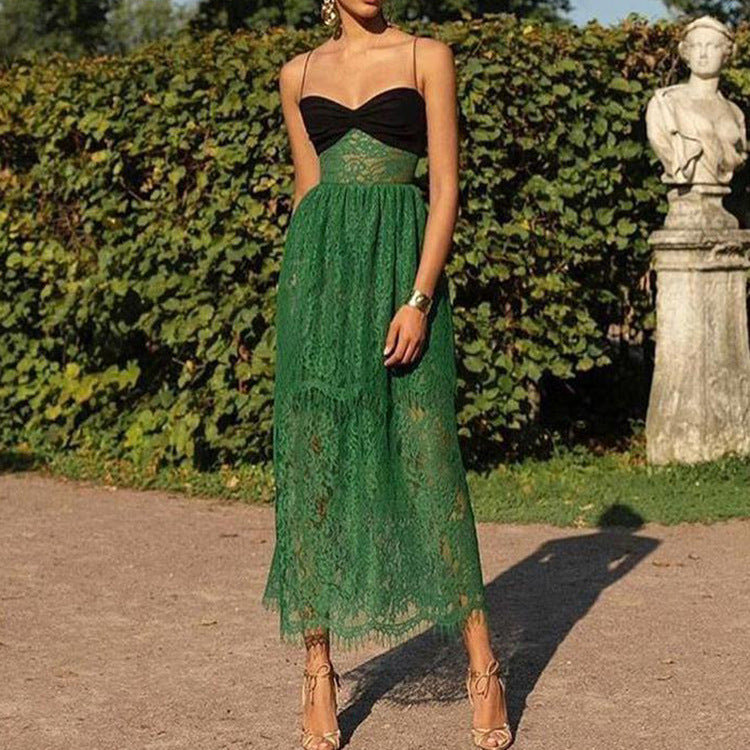 Women Clothing Chic Suspenders Lace Green Hollow Out Cutout Holiday Mopping Maxi Dress