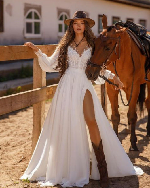 Long Sleeve V-Neck Lace Wedding Dress - Fashionpara