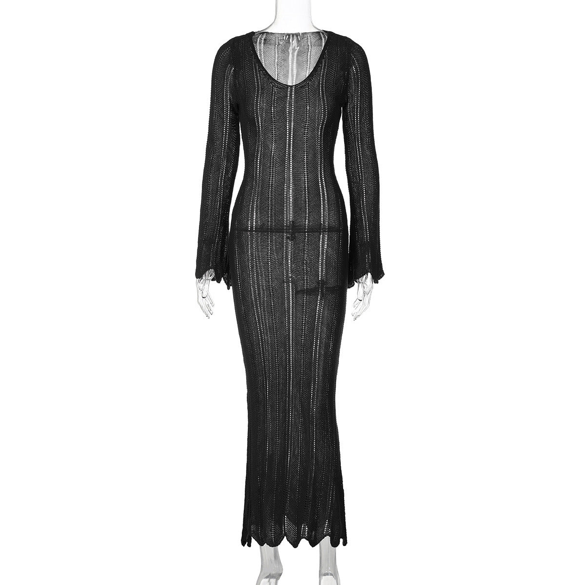 Solid Color Woolen Dress Long Sleeve U Collar Slim Fit Dress