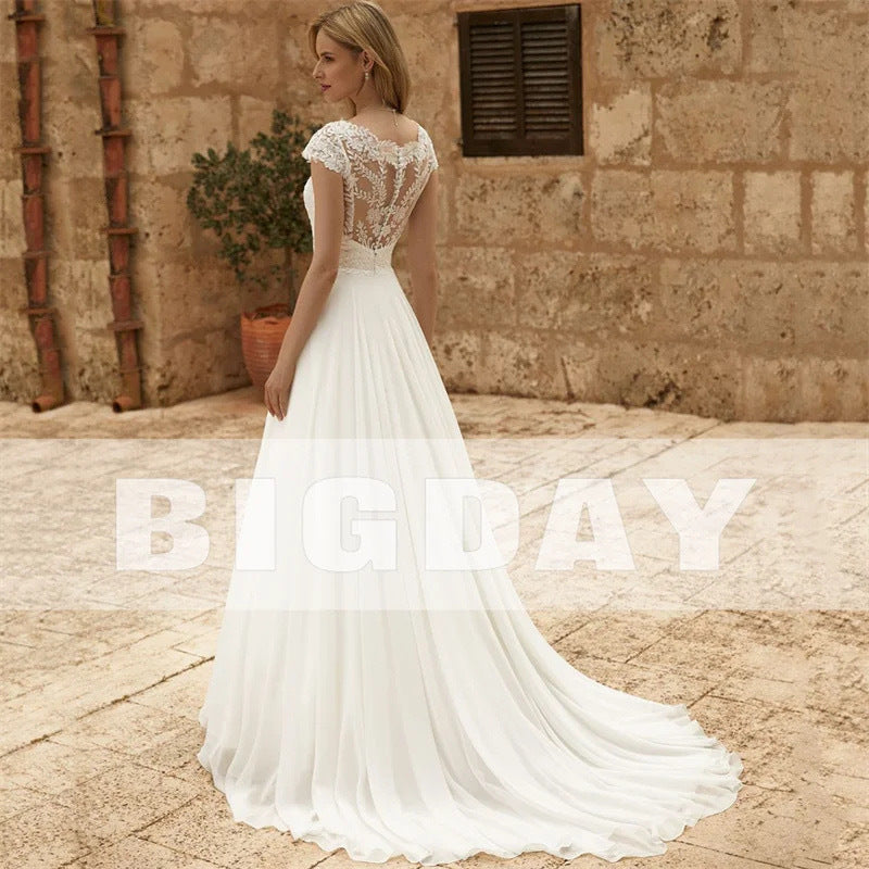 Elegant Lace Long Train Bridal Wedding Dress - Fashionpara