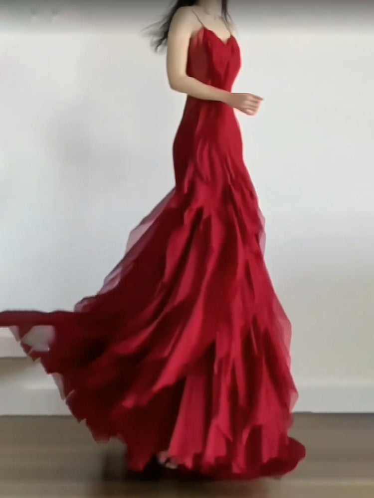 Sexy Mermaid Spaghetti Straps Red Chiffon Ruffles Birthday Dresses Long Prom Dress - View 5 | FashionDia