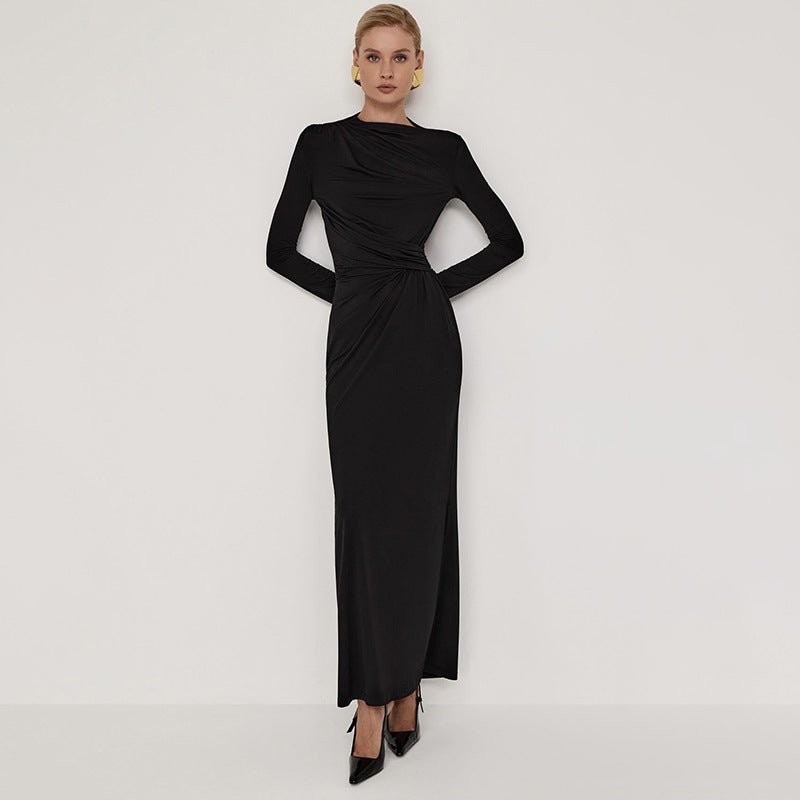 Solid Color Waist Tight Pleated Long Sleeve Intellectual Elegant Dress