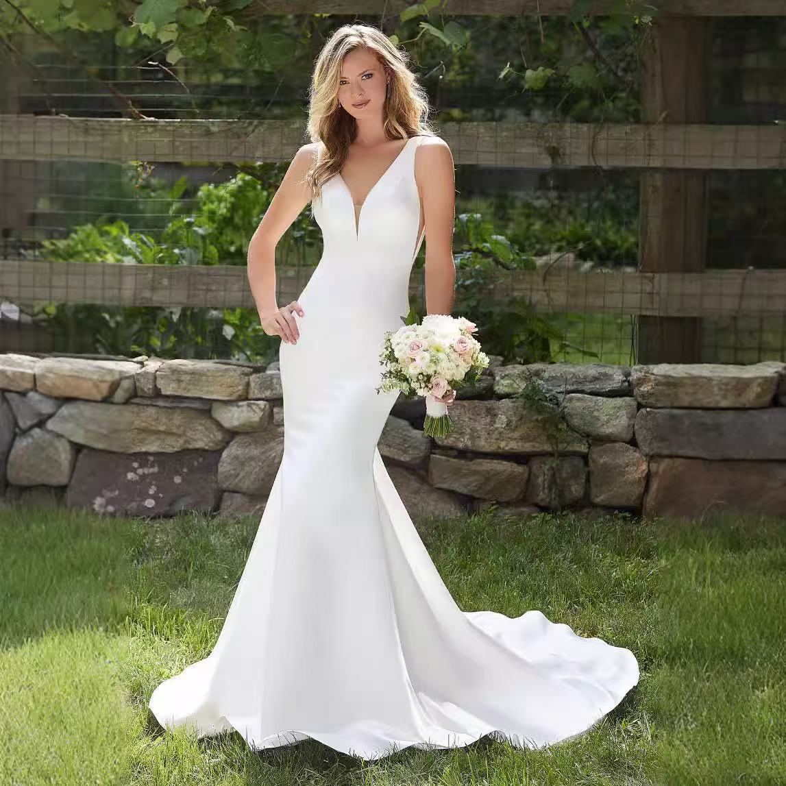 V-Neck Satin Mermaid Bridal Wedding Dress - Fashionpara