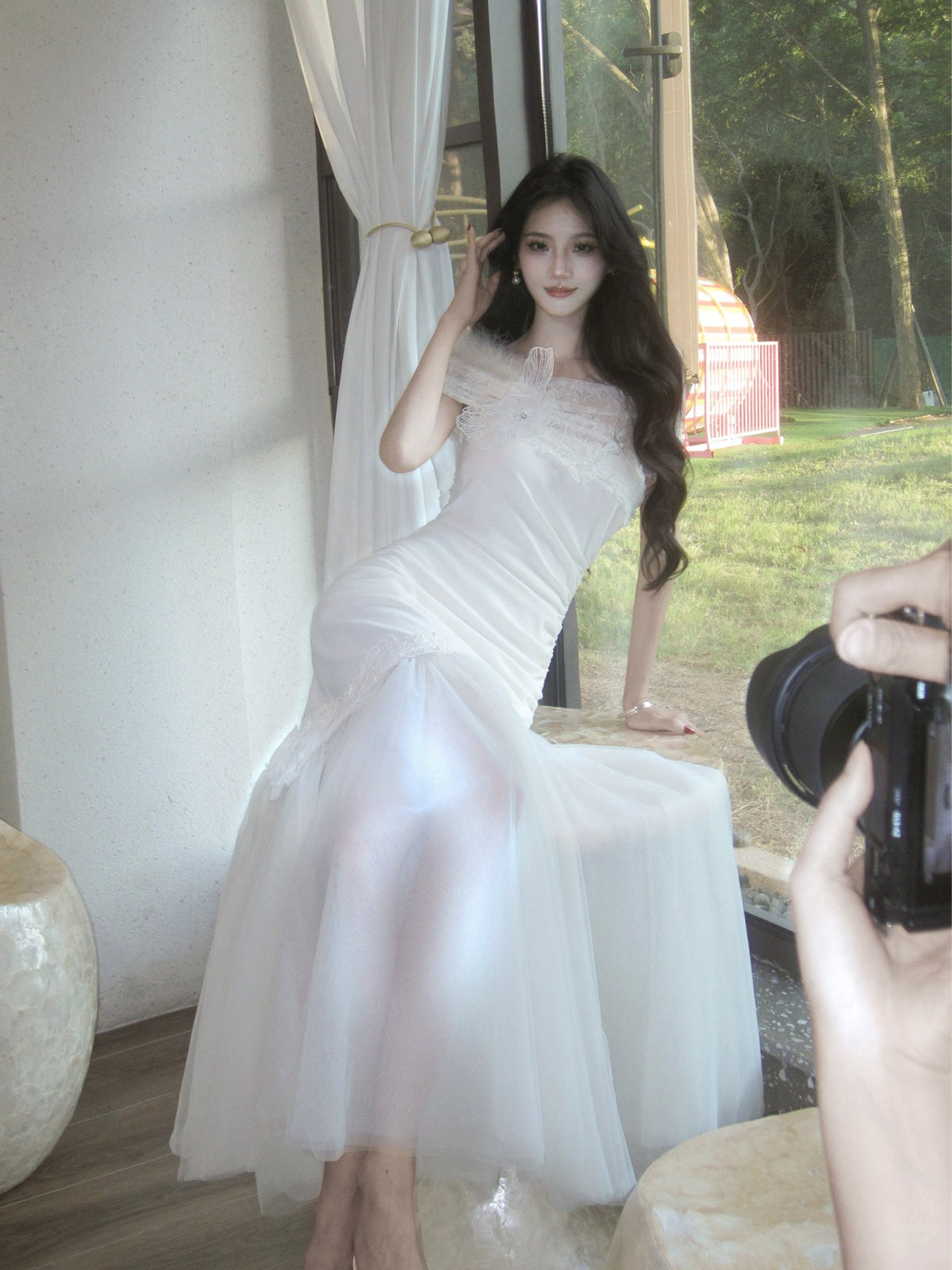 Lace Off-the-Shoulder Dress Mermaid Long Formal Dress L77