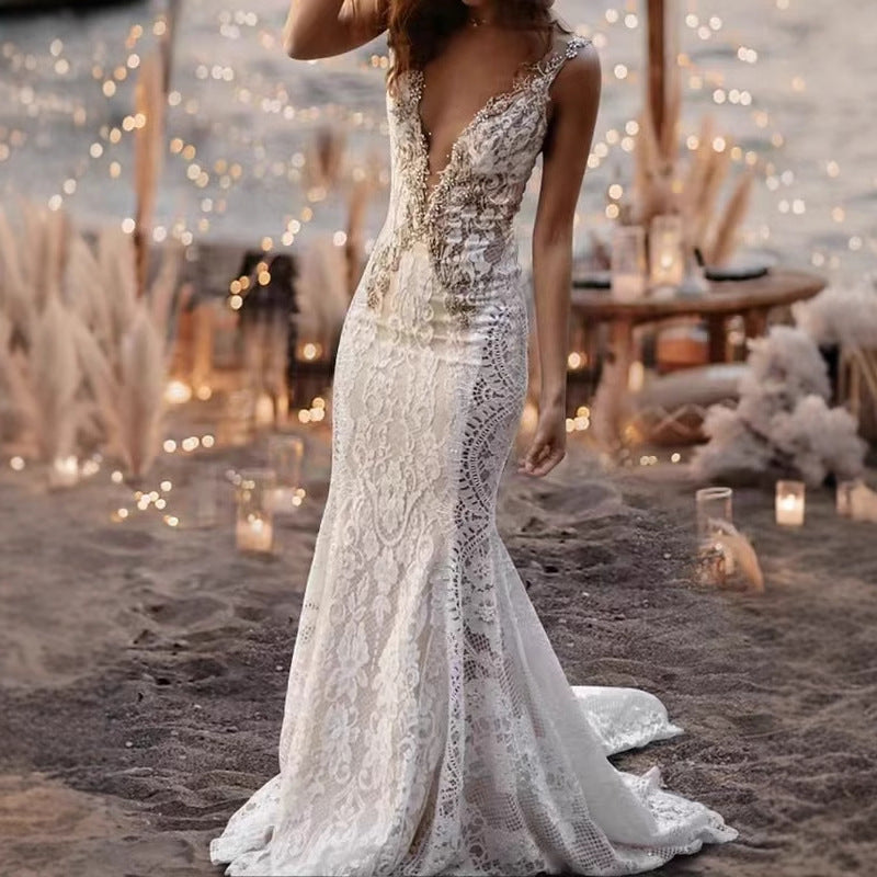 Lace V-Neck Mermaid Wedding Dress - Fashionpara