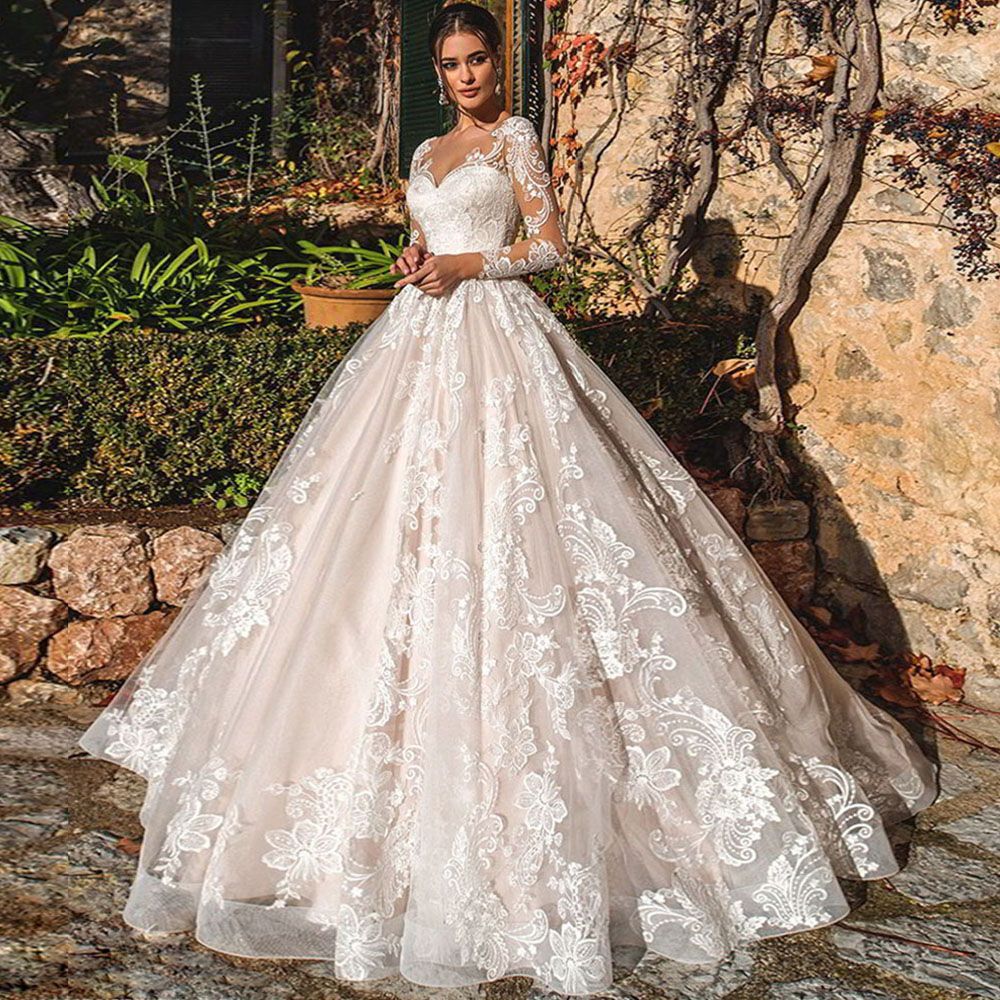 Long Sleeve Lace Ball Gown Wedding Dress - Fashionpara