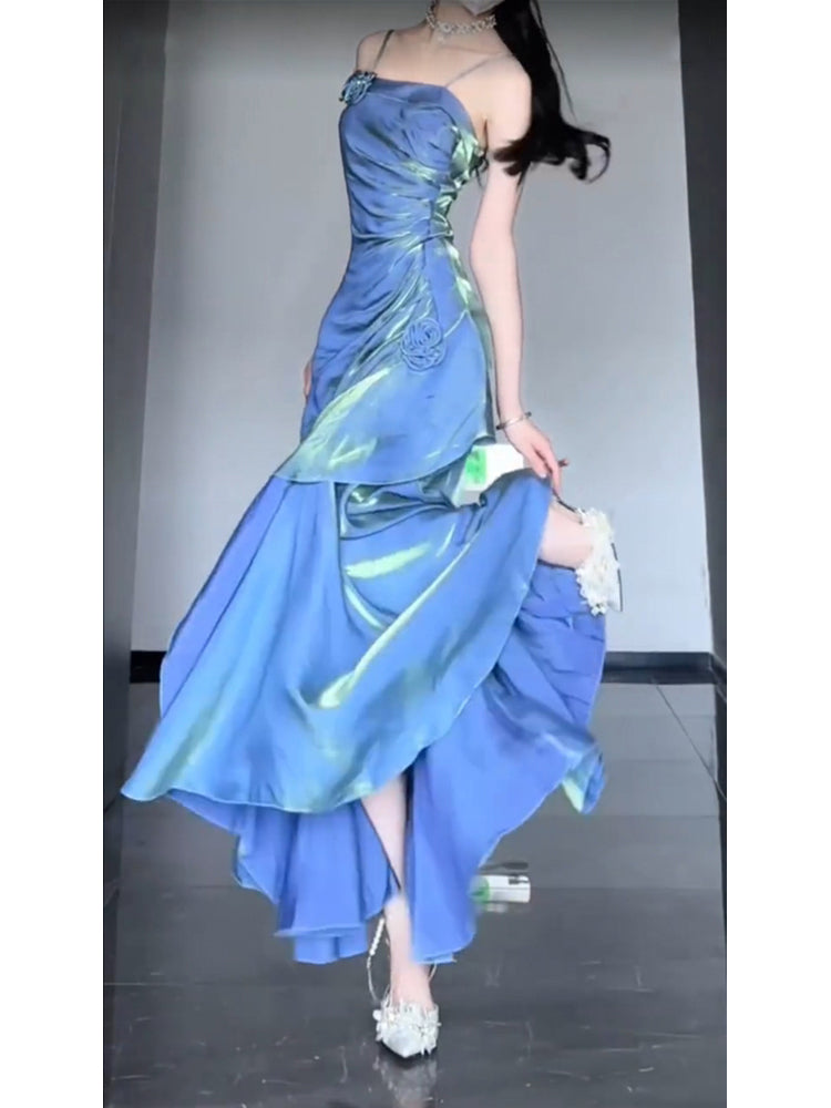 Chic Mermaid Spaghetti Straps Blue Long Prom Dress Birthday Dresses Birthday Outfits - FashionDia