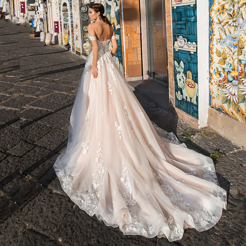 Lightweight Lace Long Train Wedding Dress - Fashionpara