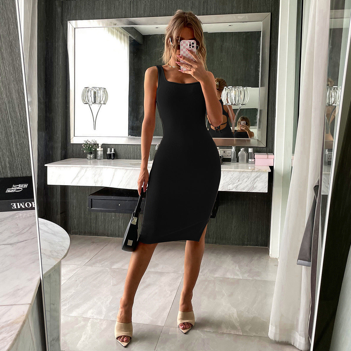 Sheldon Cotton Blend Sleeveless Ribbed Midi Dress Black