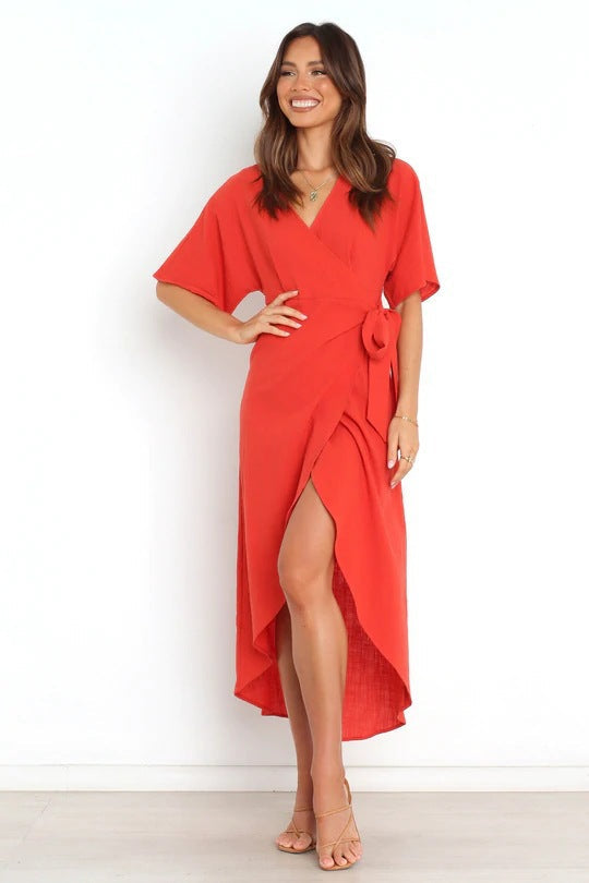 Santos Ruffle Wrap Midi Dress Rust
